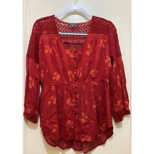 Miss Me Womens L Button‎ Top Red Sequin Crochet Tim Hippie Cottage Peasant Boho